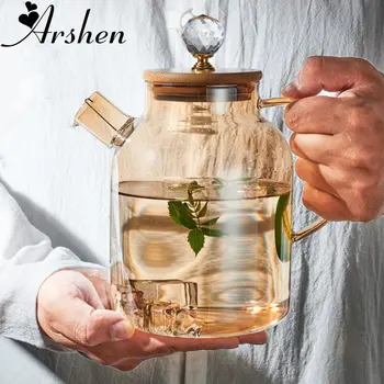 Arshen 1000 ml/1800 ml cam su ısıtıcısı su sürahisi ısıya dayanıklı çiçek demlik elmas paslanmaz çelik kapaklı filtre suyu konteyner