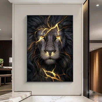 Duvar sanat posterleri siyah ve altın ışık aslan tuval boyama Modern hayvan resim oturma odası ev dekorasyon ıçin hiçbir çerçeve