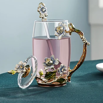 El yapımı Emaye çiçekli cam kupa Kahve fincanı Kokulu çay Bardağı Süt Limon meyve suyu fincanı Cam Sevgilisi Hediye çiftler için kupa drinkware