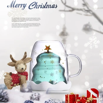 Yüksek Borosilikat ısıya Dayanıklı Çift Katmanlı Cam Noel Kupası Ev Ofis Kahve Süt Bir Dilek Ağacı Kapaklı Kupa